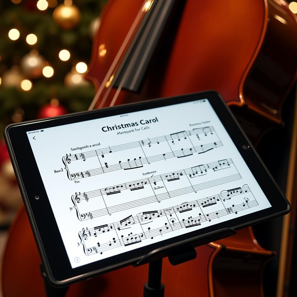 Christmas Carol Sheet Music on Tablet with Cello