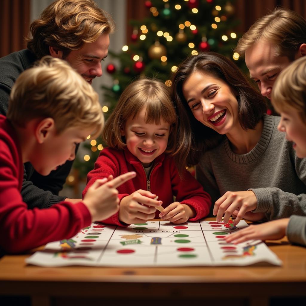  A family gathered around a table, working together on a Christmas crossword puzzle printable.