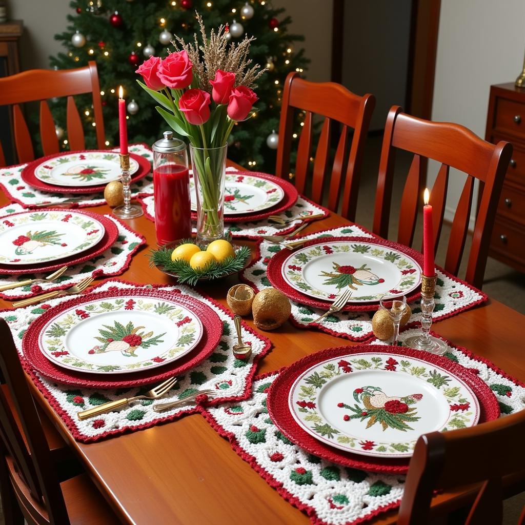 Festive Christmas table setting with crochet doilies