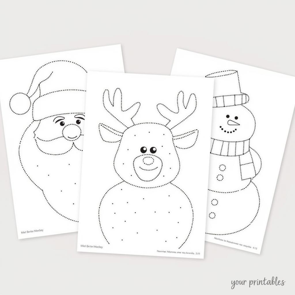 Christmas dot art printables featuring Santa Claus, reindeer, and a snowman, perfect for kids