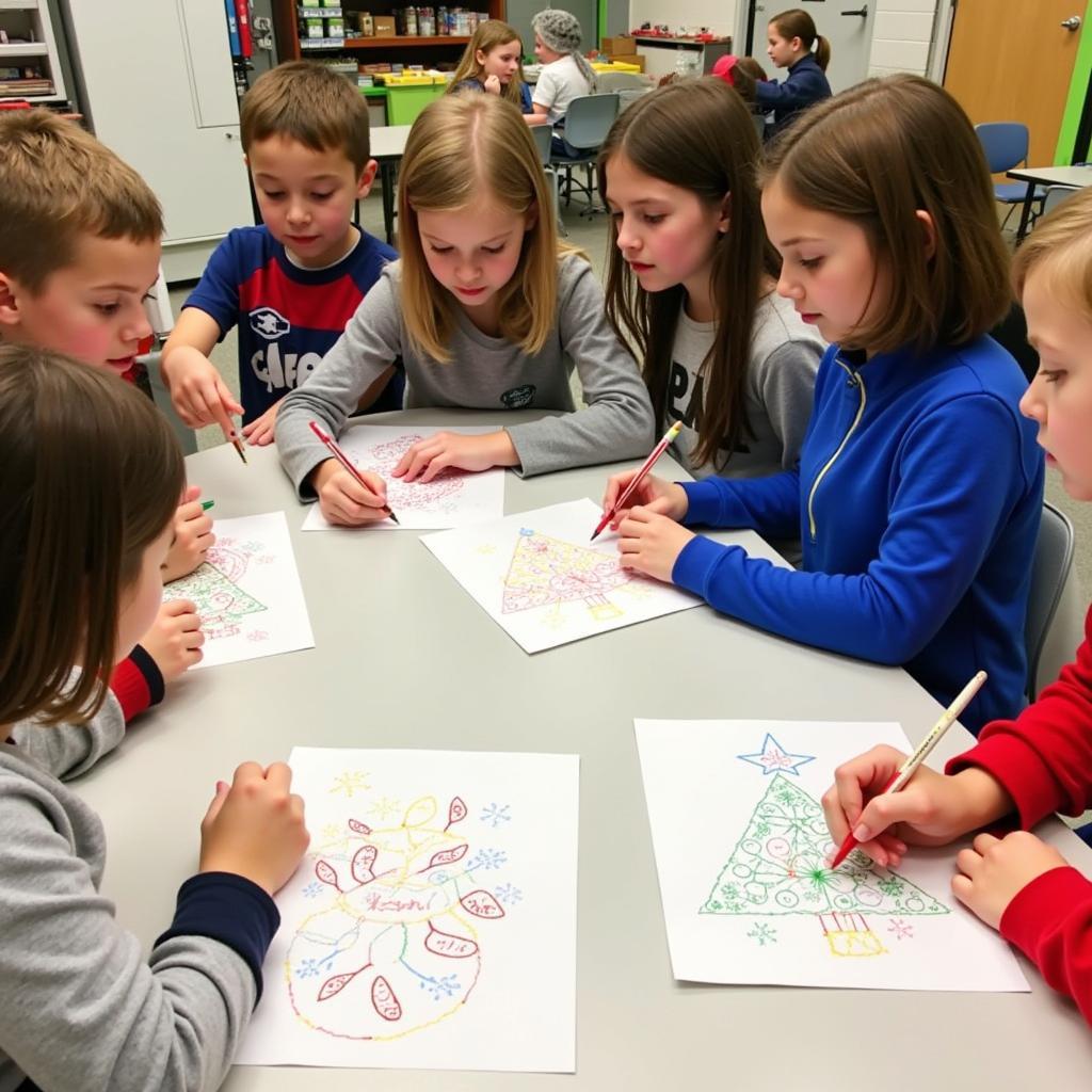 Children engaging in Christmas dot art activity.