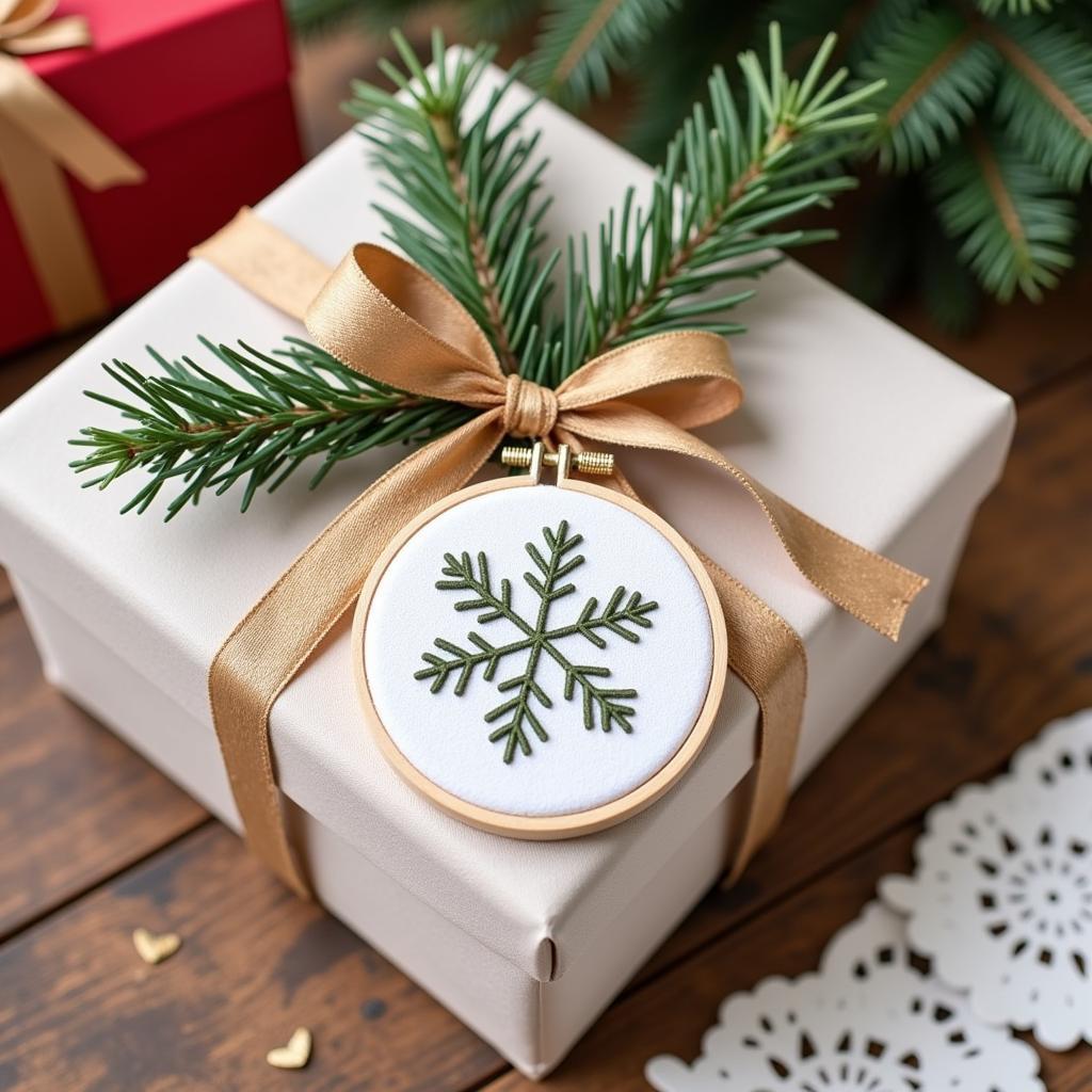 Christmas embroidery in a hoop, used as a gift tag