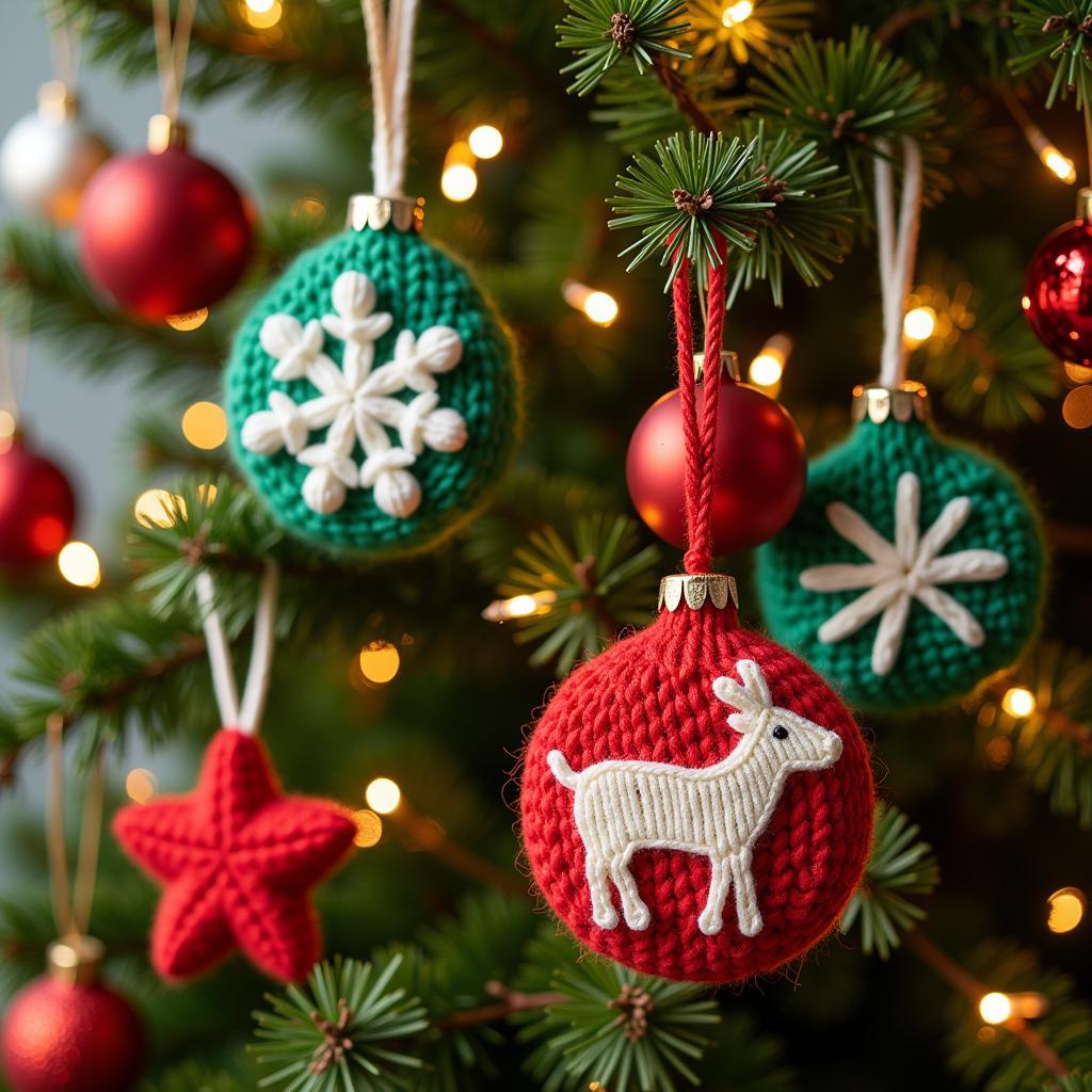 Knitted Christmas Ornaments on a Tree