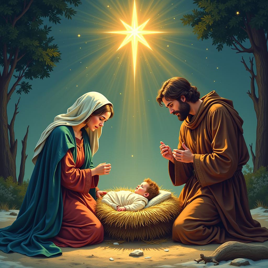 A classic nativity scene with Mary, Joseph, and baby Jesus