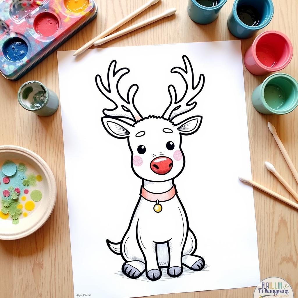 Christmas q tip painting printable featuring a reindeer with a red nose