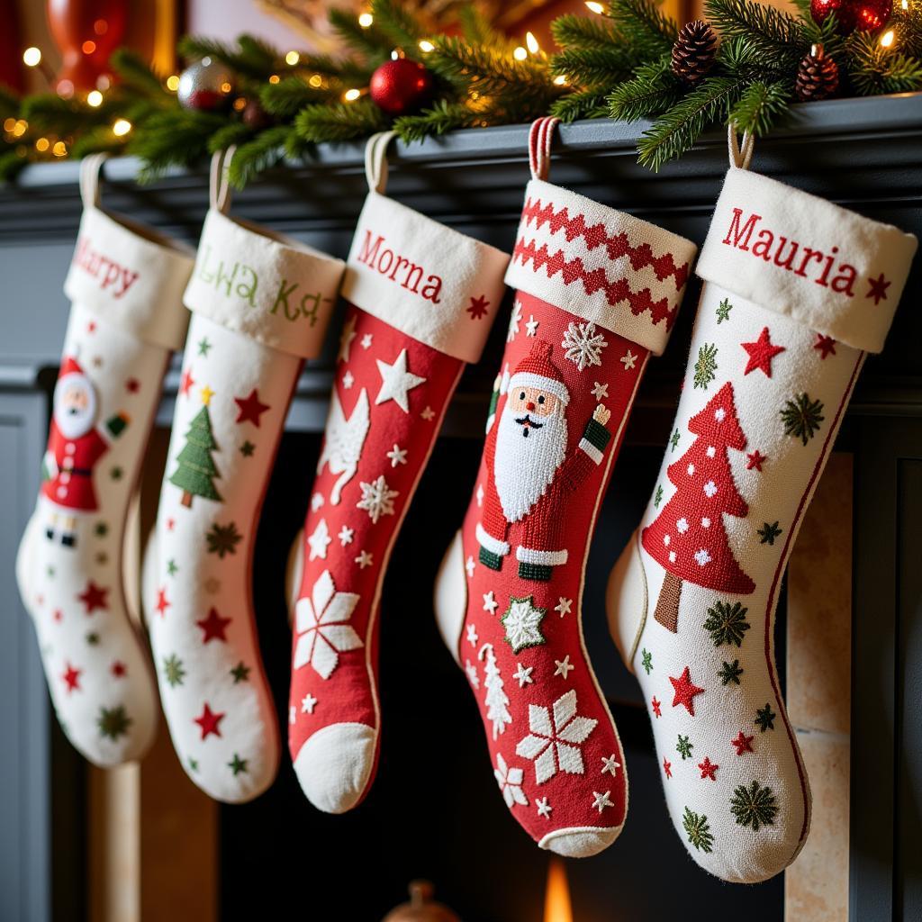 Festive Christmas stocking adorned with cross-stitch designs