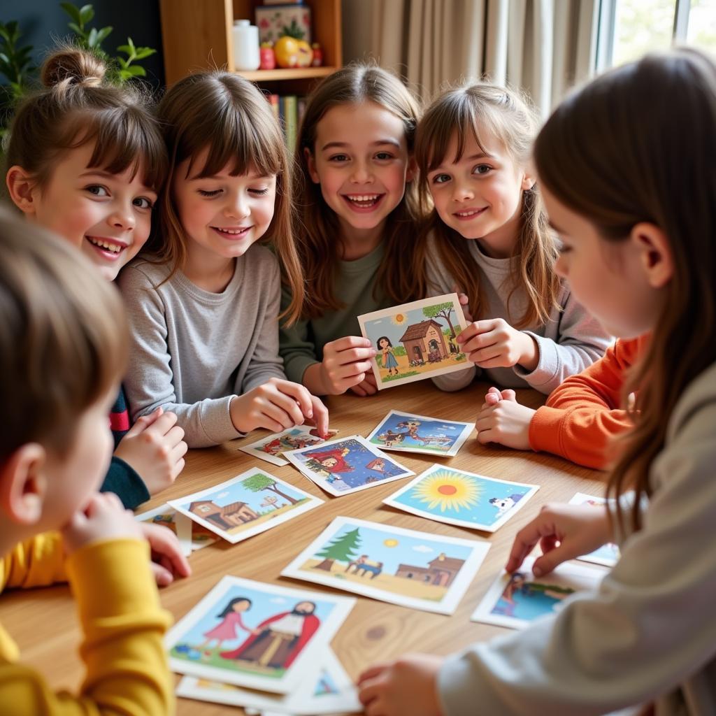 Children engaging in Christmas story sequencing activity