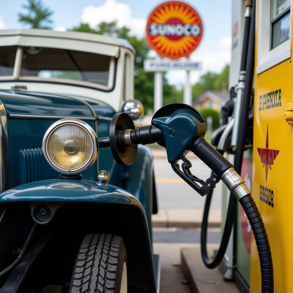 A classic car refueling with Sunoco ethanol-free gasoline.