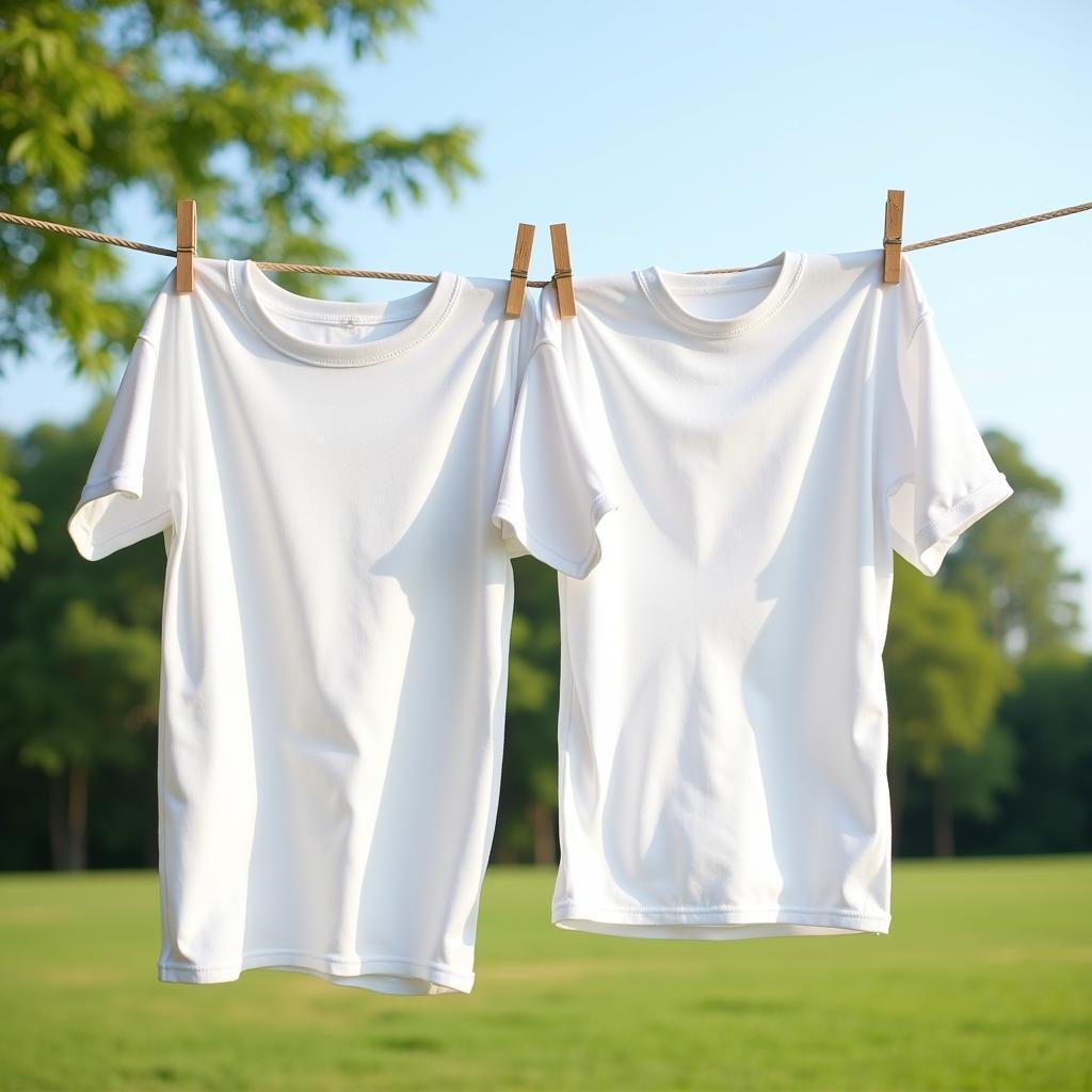 Freshly laundered clothes dry on a clothesline in the sun