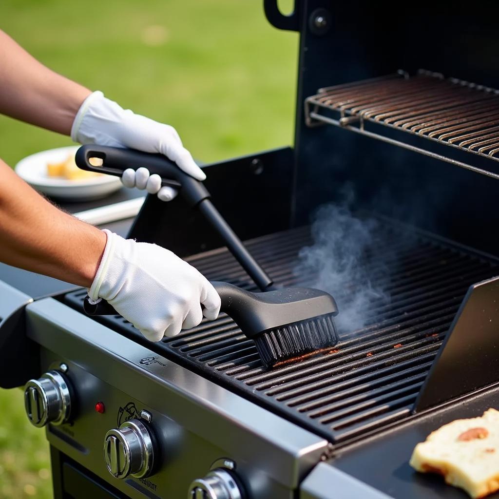 Cleaning bbq grill with brush