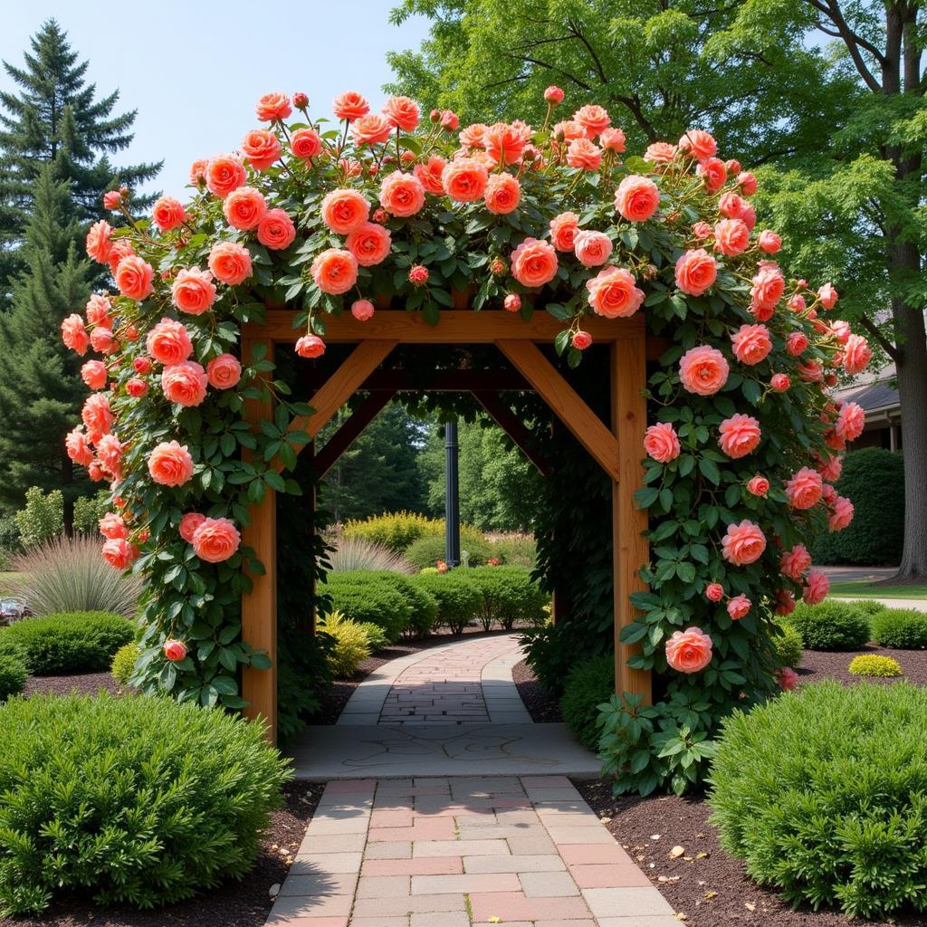 A climbing rose with coral-colored blooms