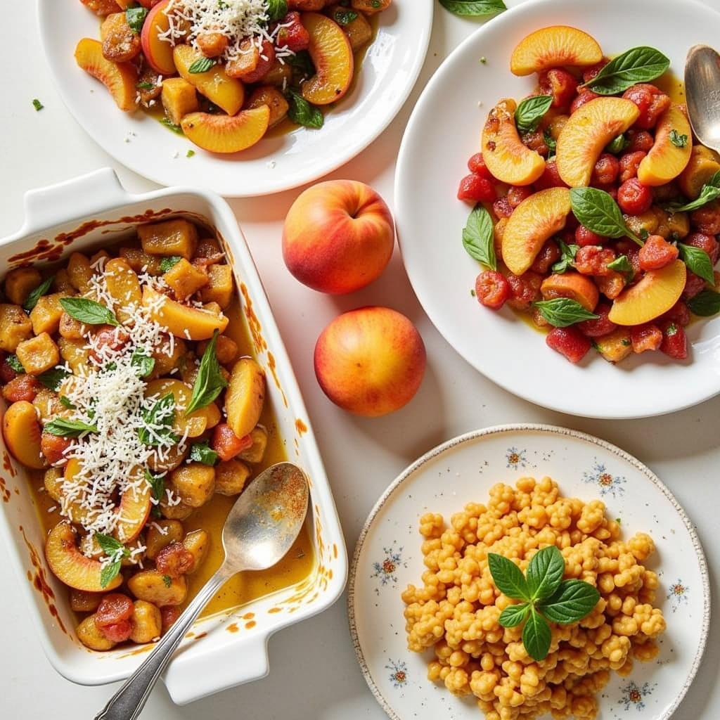 A variety of dishes made with cling-free peaches, including peach cobbler, peach jam, and grilled peaches.