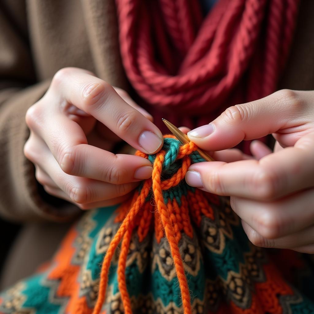 Close up shot of hands knitting with colorful yarn