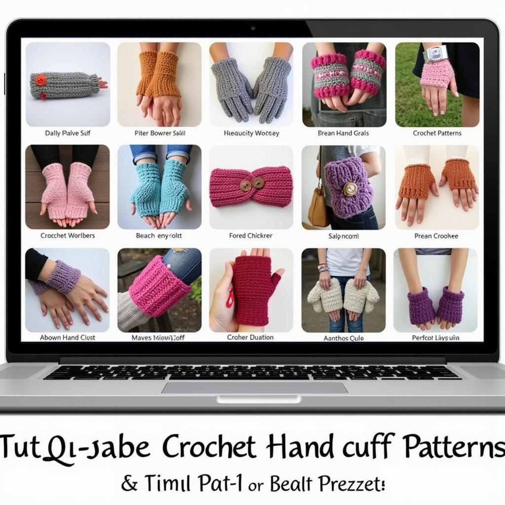 Collection of crochet hand muff patterns displayed on a computer screen