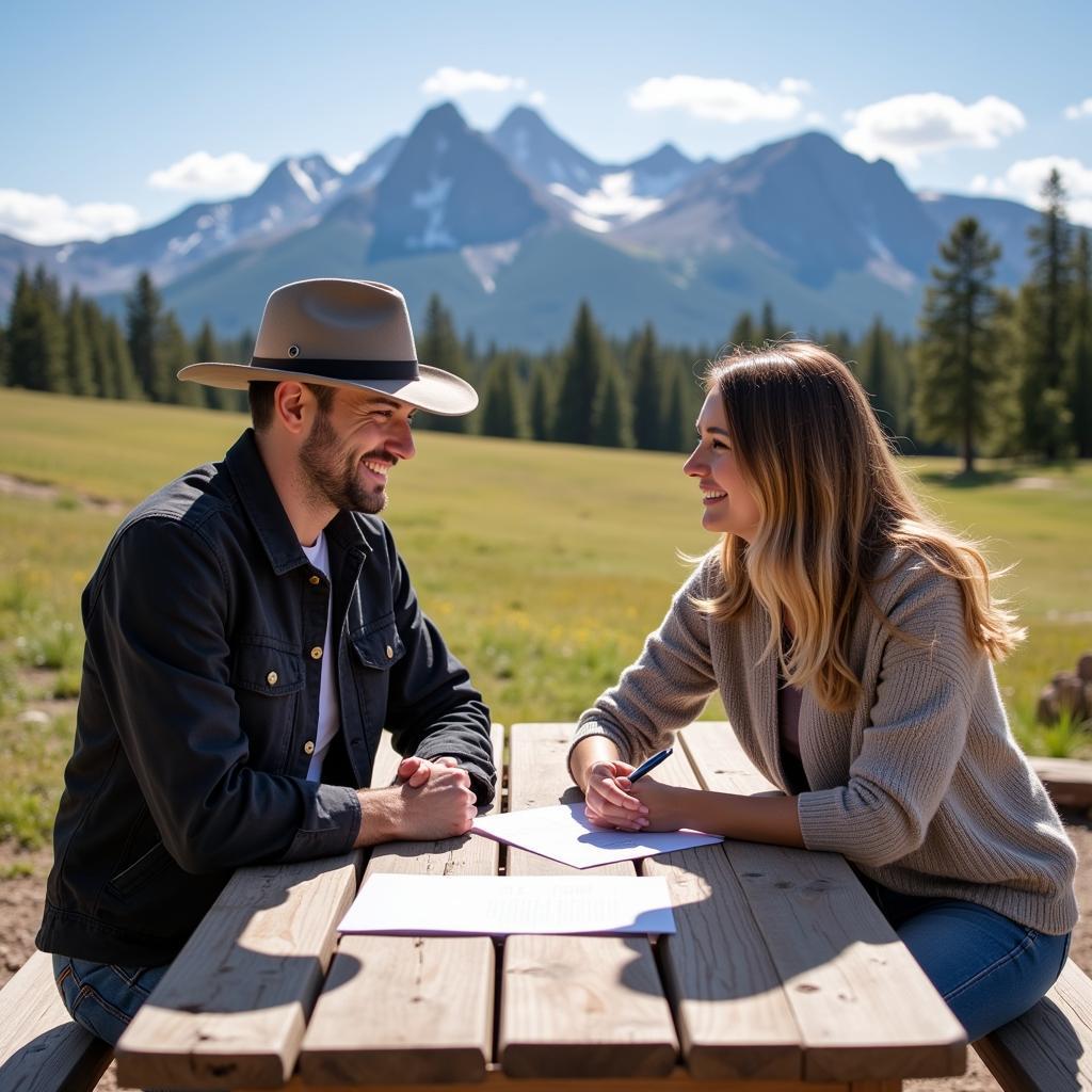 A couple signing a land lease agreement for a scenic property in Colorado