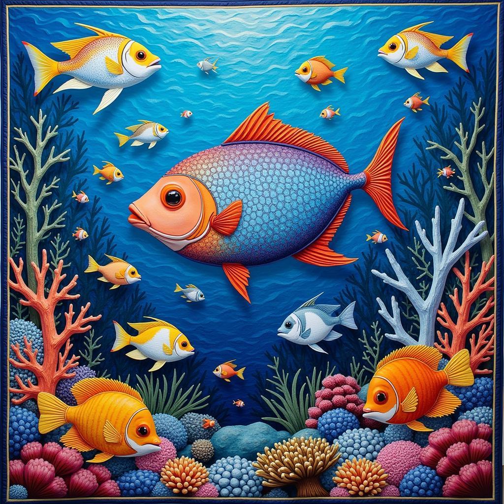 Vibrant Fish Quilt with Detailed Coral Reef