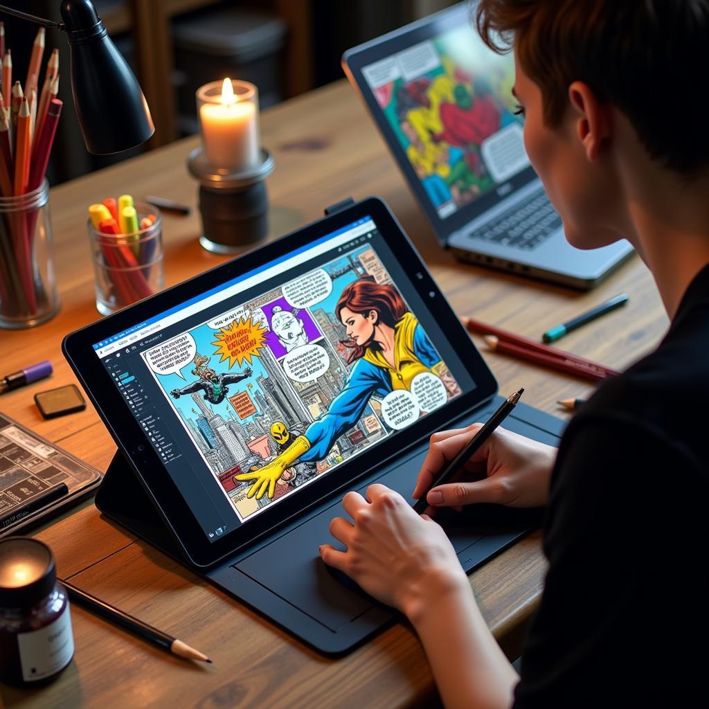 Comic Creator at Work on a Digital Tablet