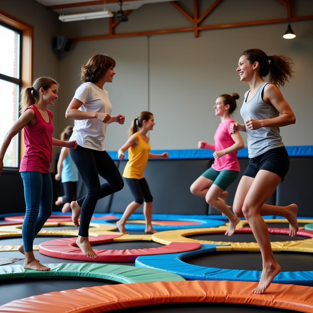 Group trampoline fitness class at a community center