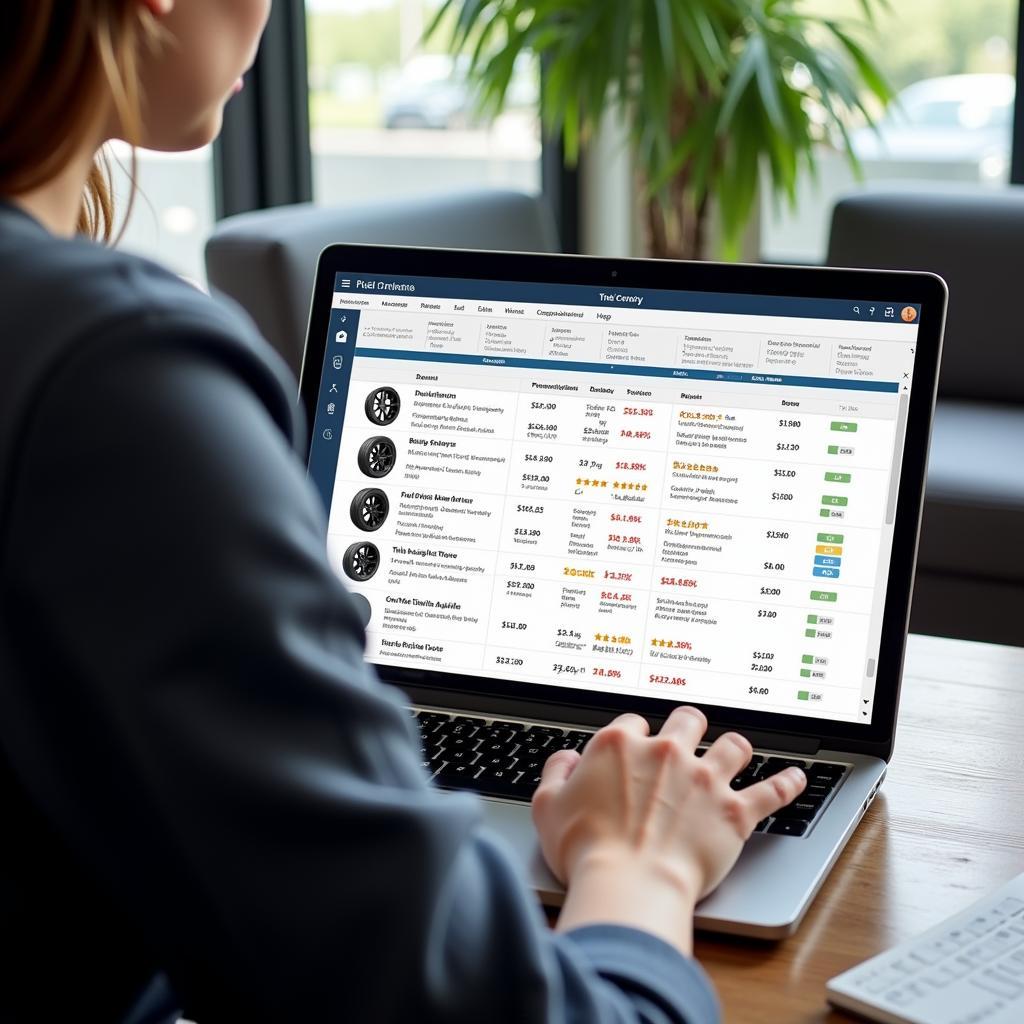 Customer Comparing Tire Prices on a Laptop