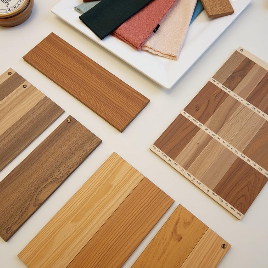 Comparing wood samples against fabric swatches on a table.