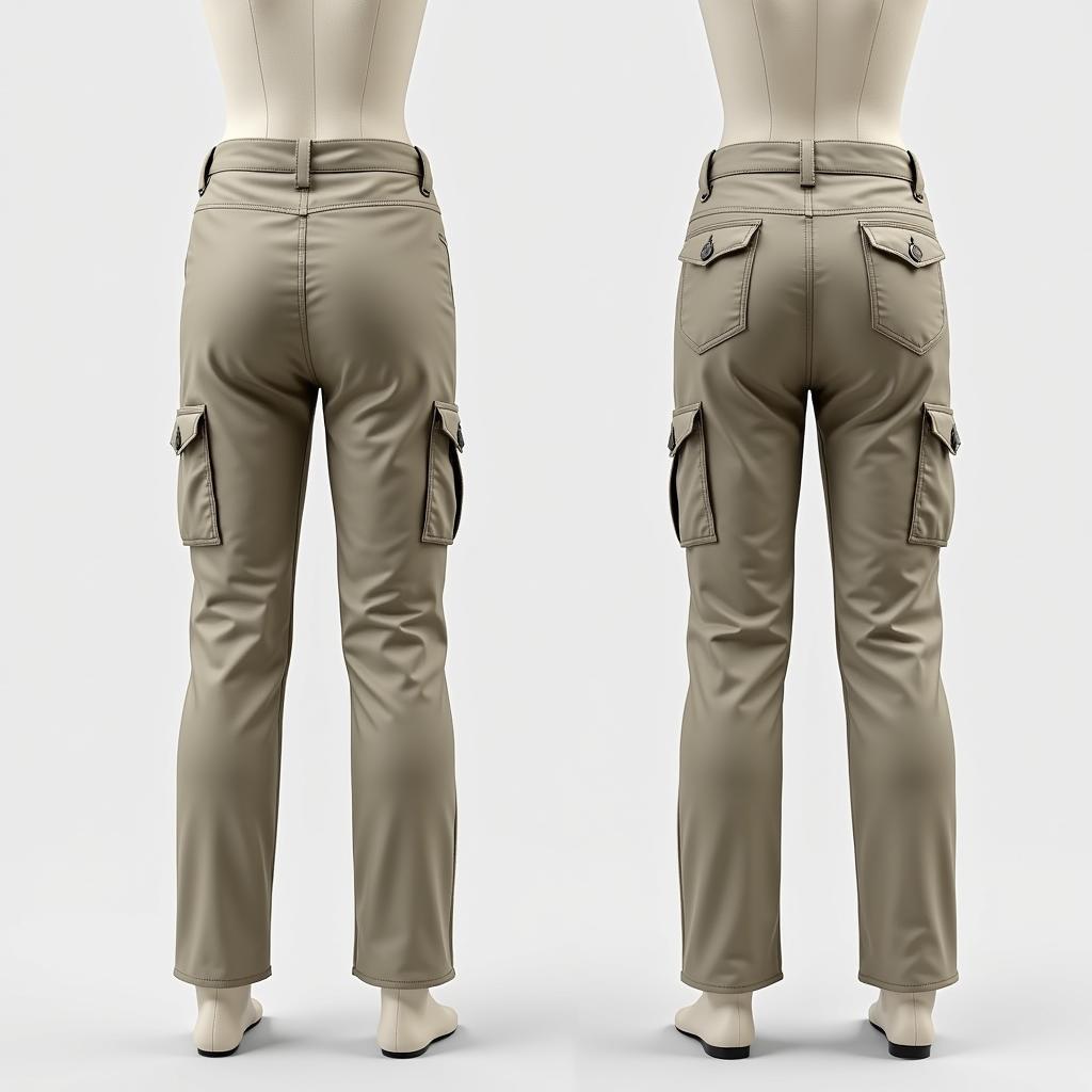 A finished pair of cargo pants displayed on a dress form