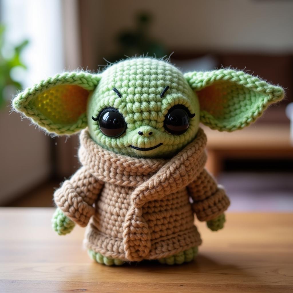 A finished crochet Baby Yoda sits on a wooden table.