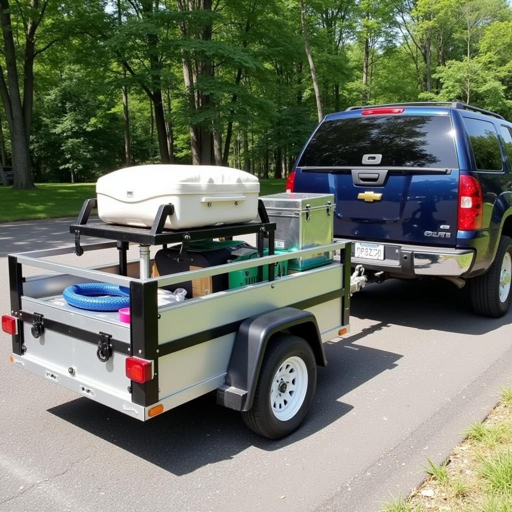 A finished DIY car trailer loaded with camping gear, ready for a trip