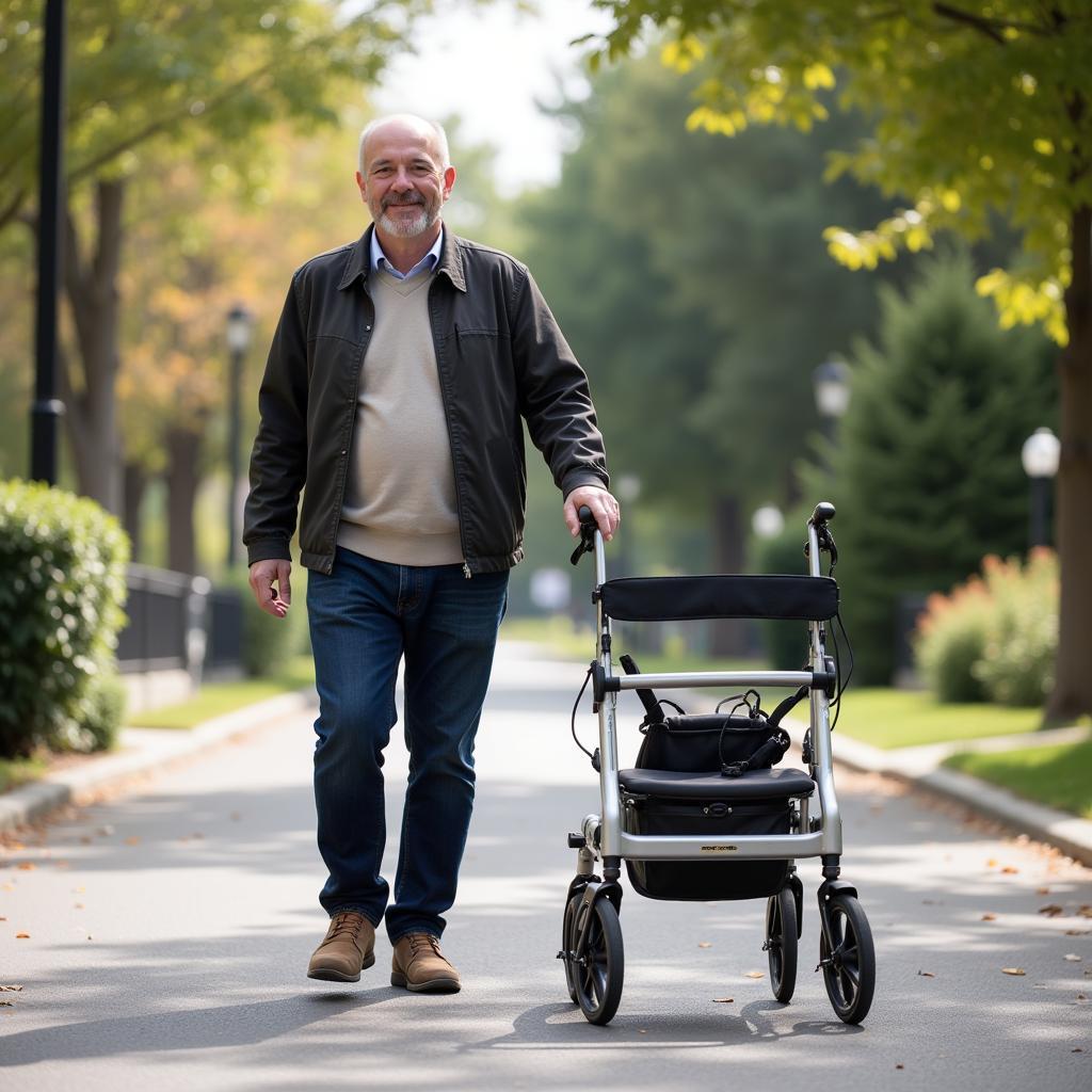 A man confidently walks down the street using his free knee walker.