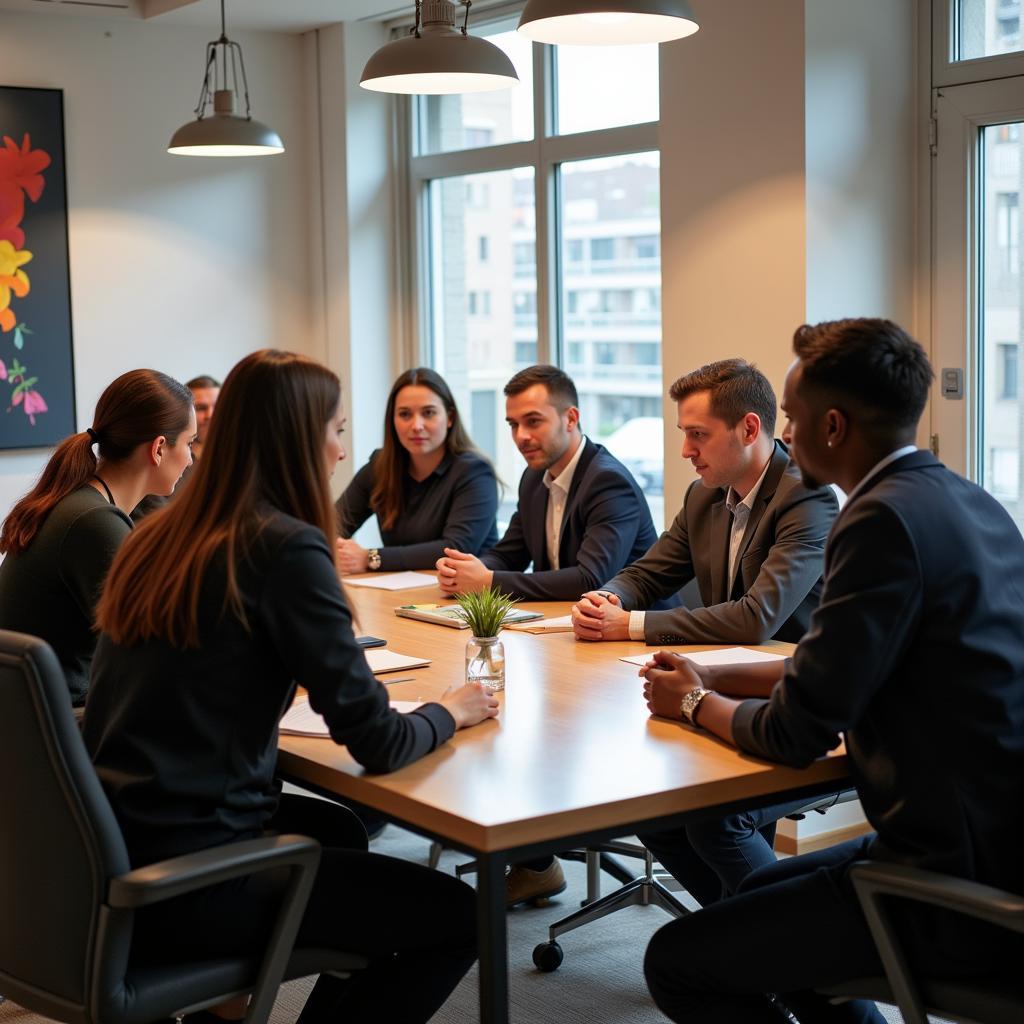 Team members engaged in a constructive meeting