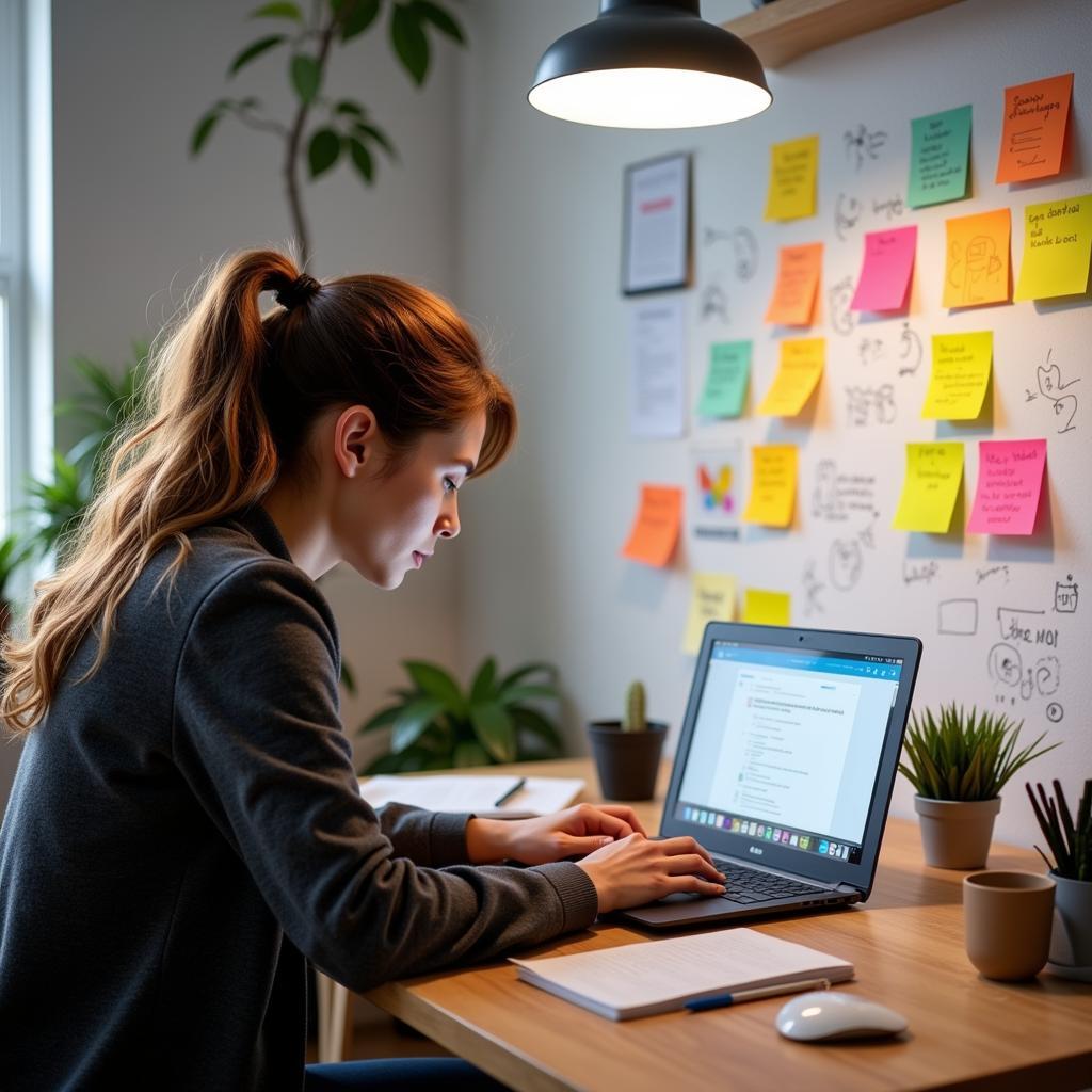 a content creator working on their laptop, surrounded by notes and ideas