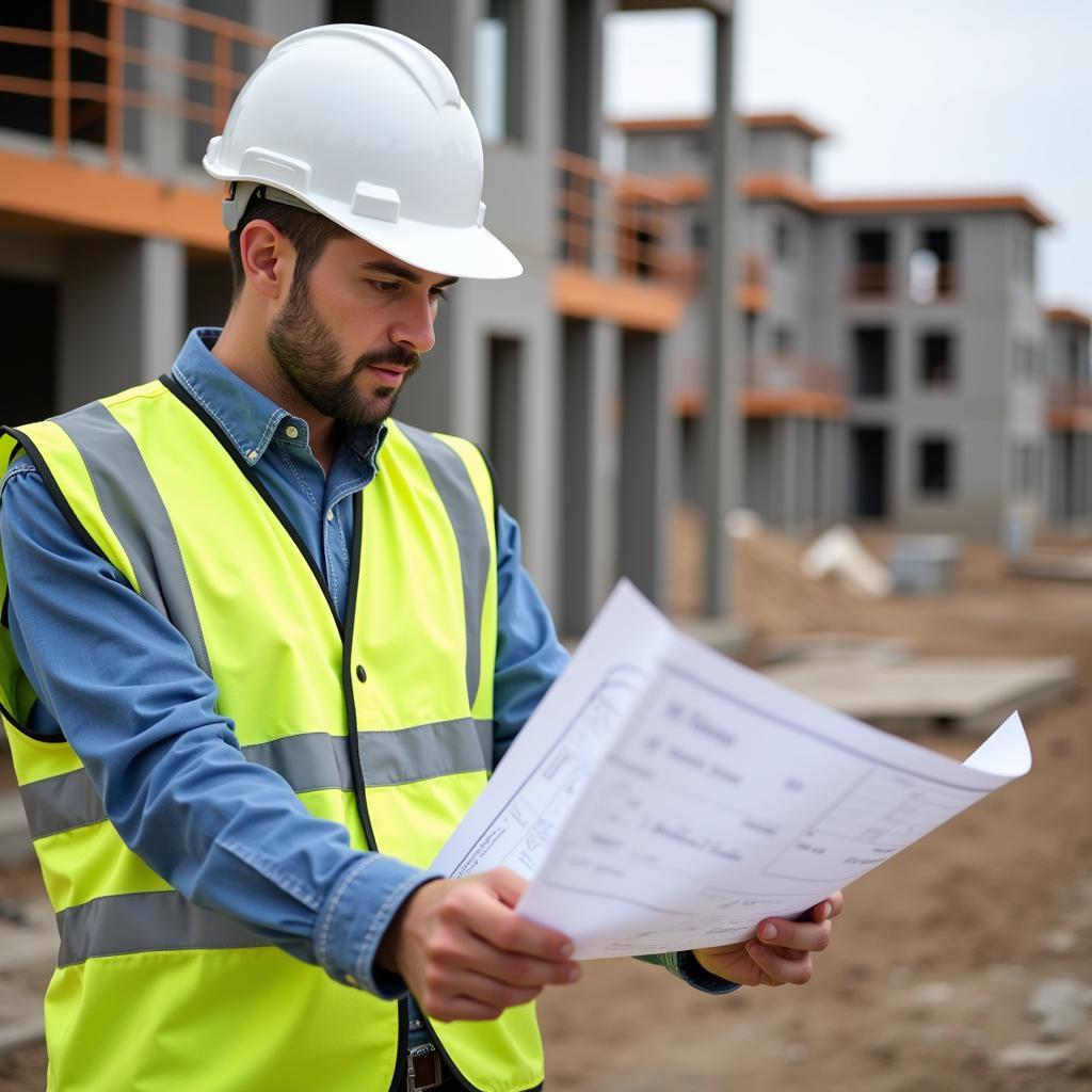 Contractor Reviewing Blueprints Onsite