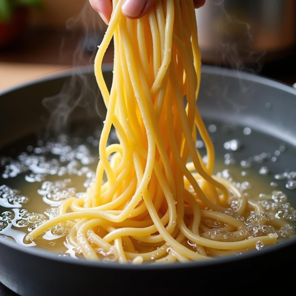 A pot of boiling water with gluten-free pasta being added