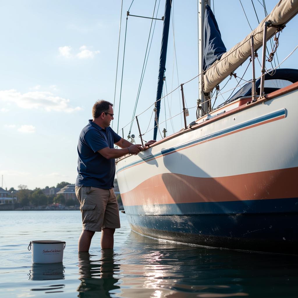 Boat owner applying copper free bottom paint