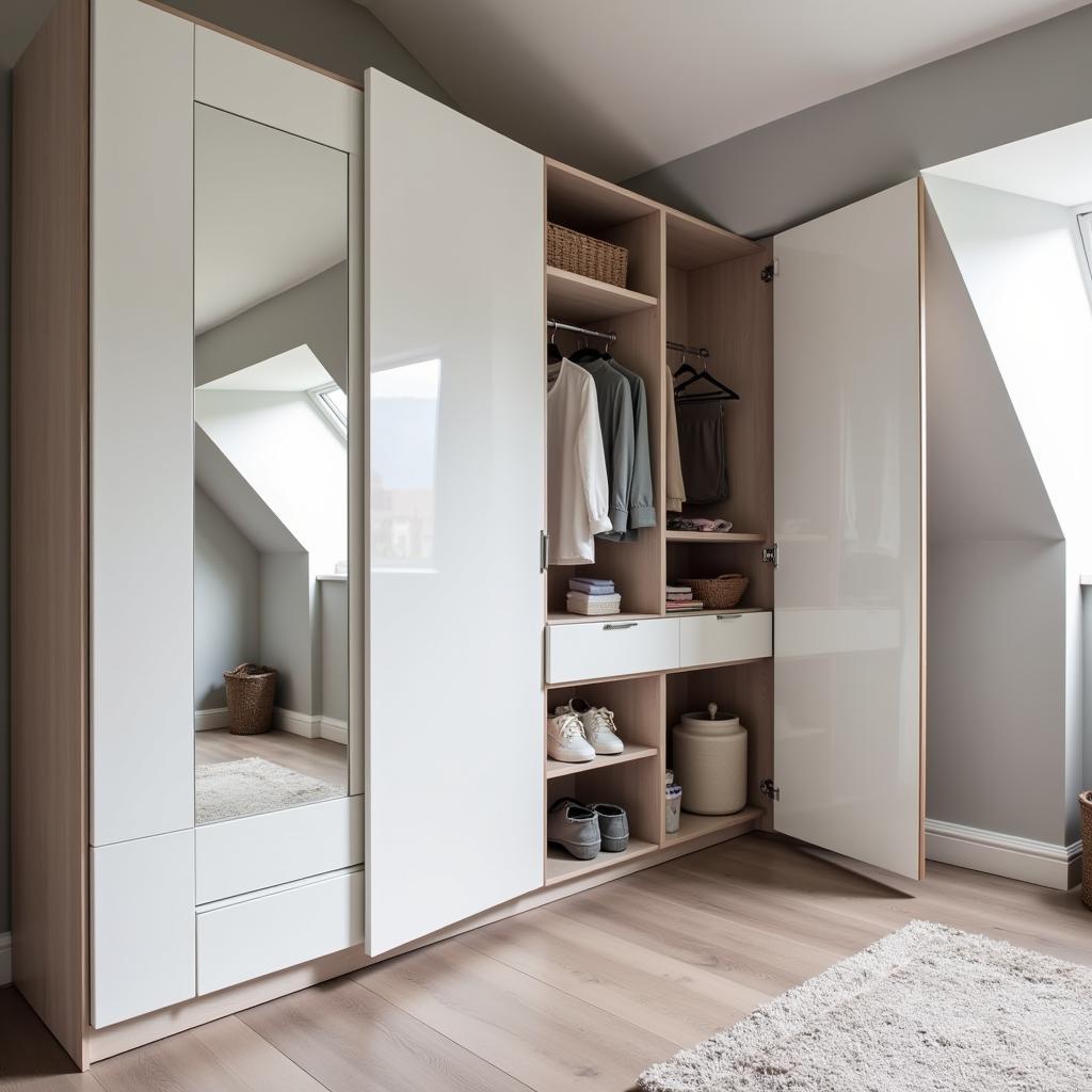 Modern corner wardrobe with mirrored doors designed for a room with a sloping ceiling