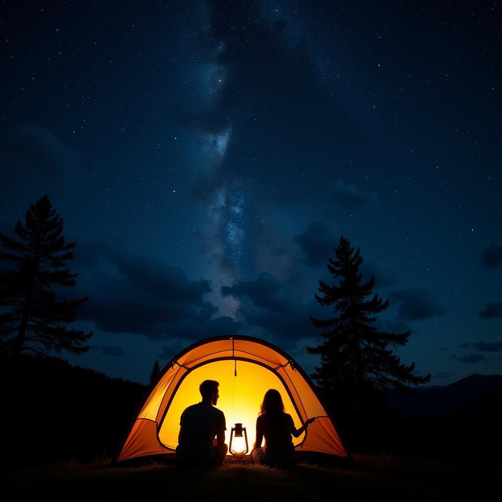 Couple camping in a tent under a starry night