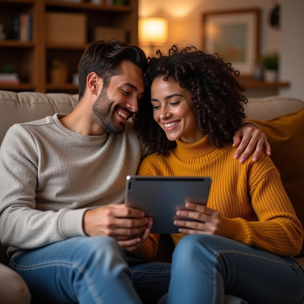 Couple Using Conversation Cards on a Tablet