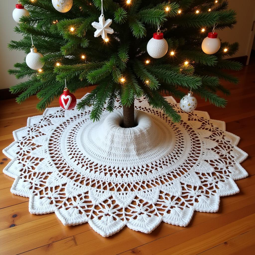 Handmade crochet tree skirt with snowflake motif