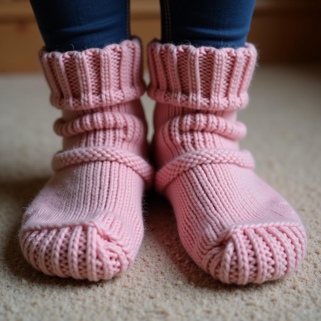 Cozy knitted slippers on feet