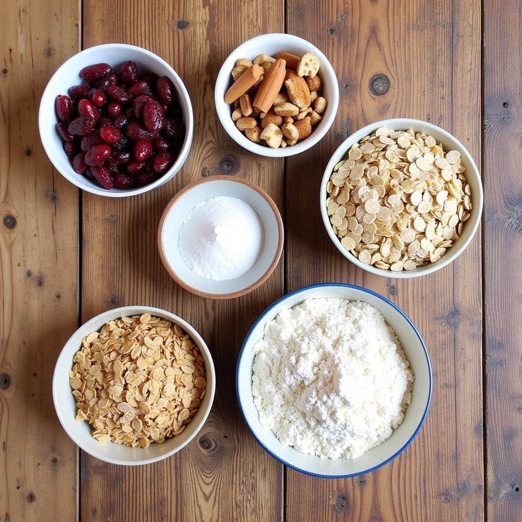 Ingredients for gluten-free cranberry bars arranged on a table.