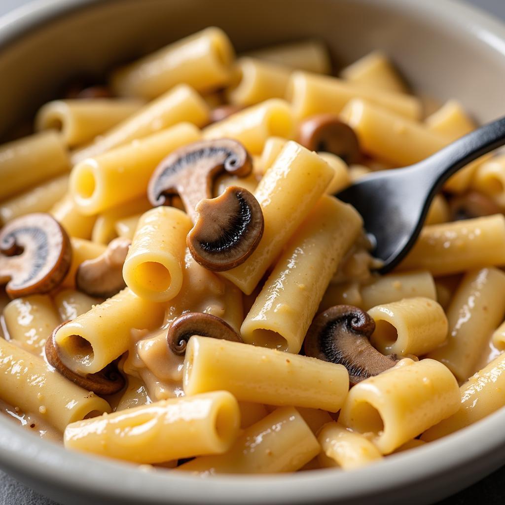 A plate of creamy mushroom rigatoni with fresh parsley garnish