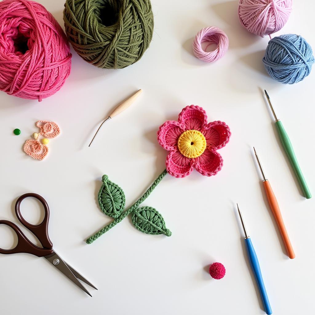 Crocheting tools and materials arranged around a partially finished crochet flower.