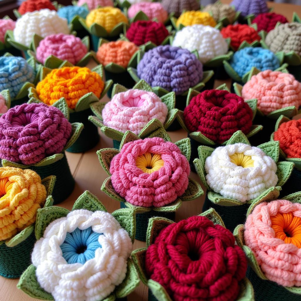 Colorful crochet bouquets in different sizes and styles.