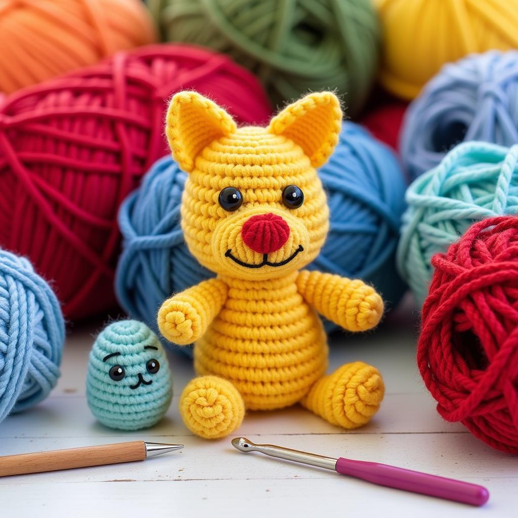 Colorful crochet cat toys and yarn with crochet needles