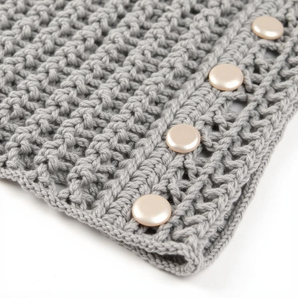 close up of button closures on a crochet cowl