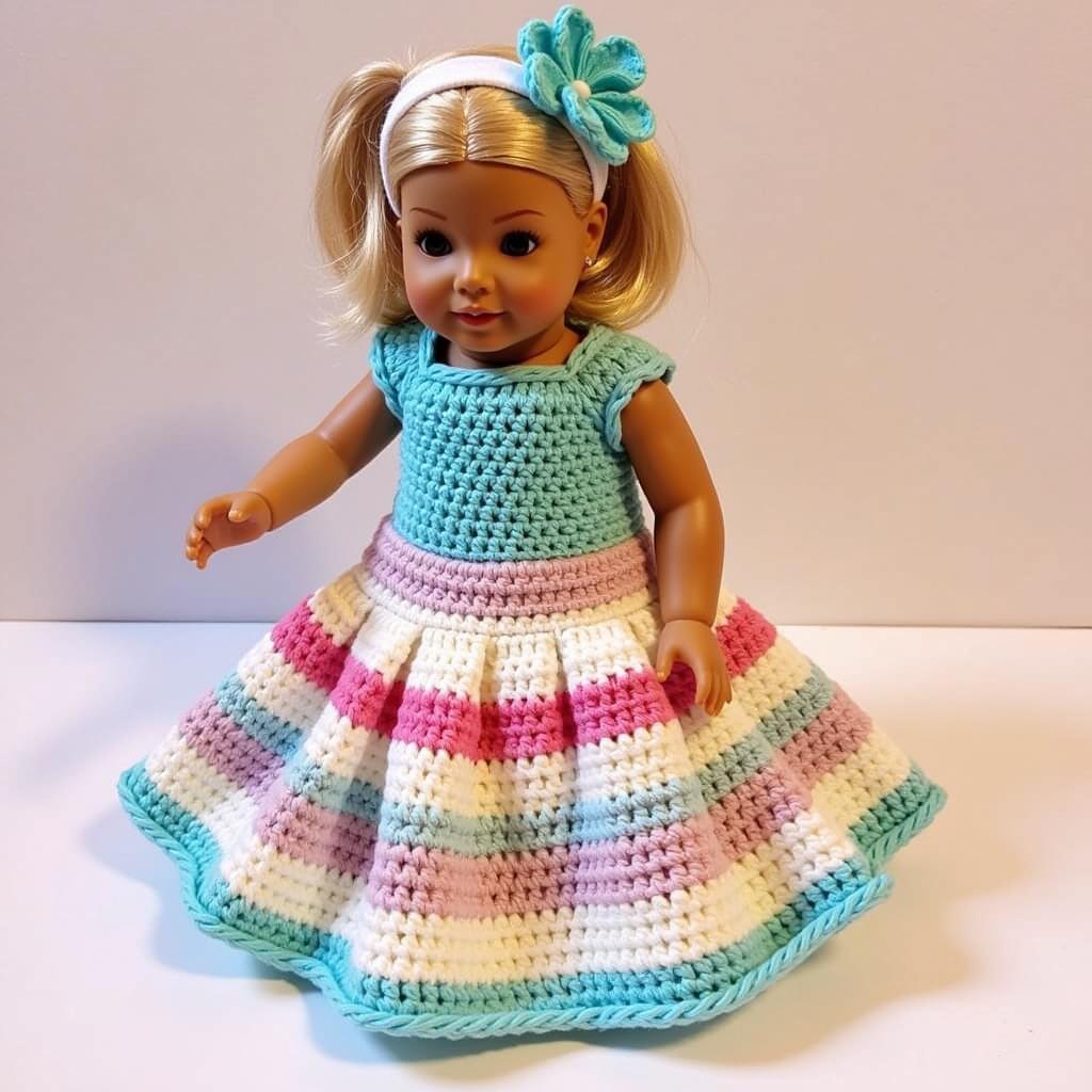 A crocheted doll wearing a handmade dress