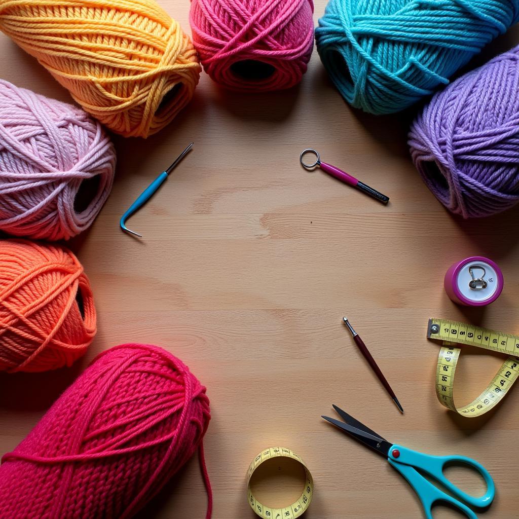 Crochet hand muff supplies arranged on a table