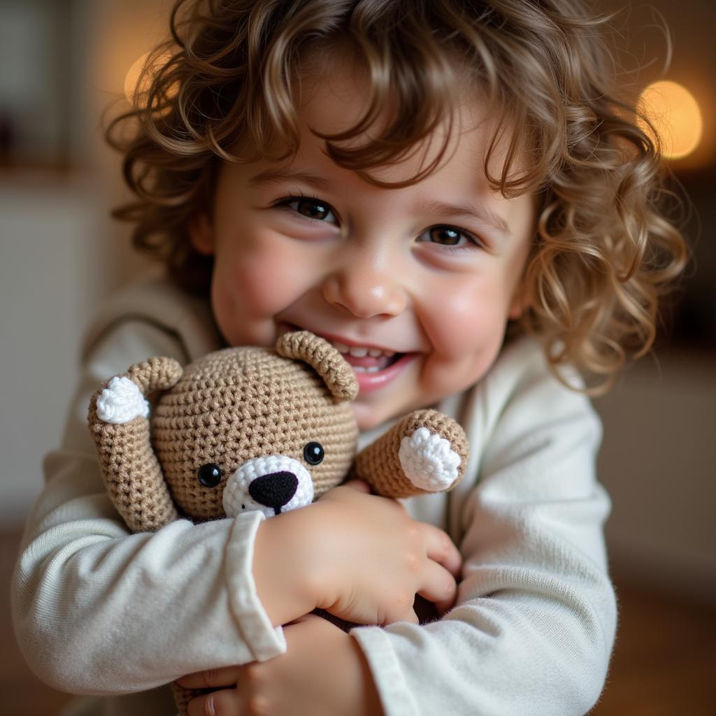 A child holding a crocheted little bear with a joyful expression