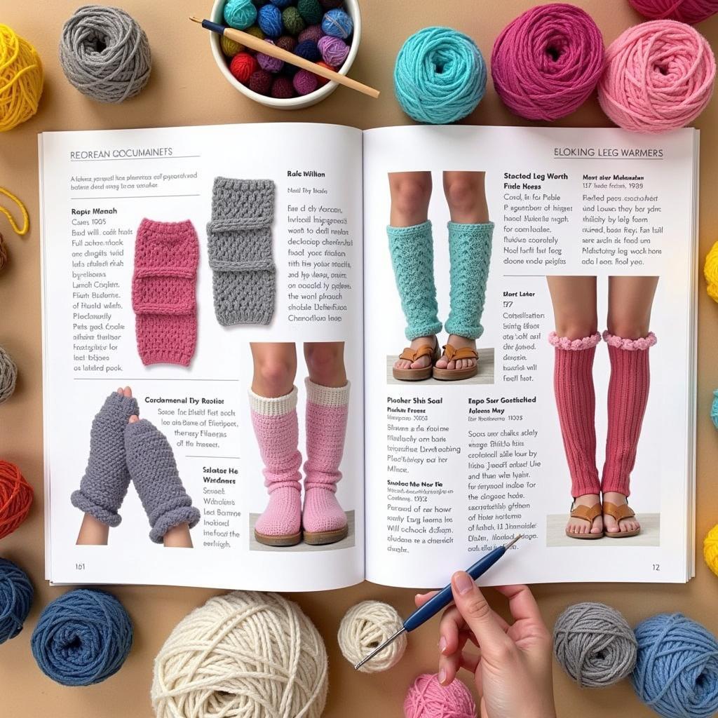 Open crochet pattern books surrounded by colorful yarn balls