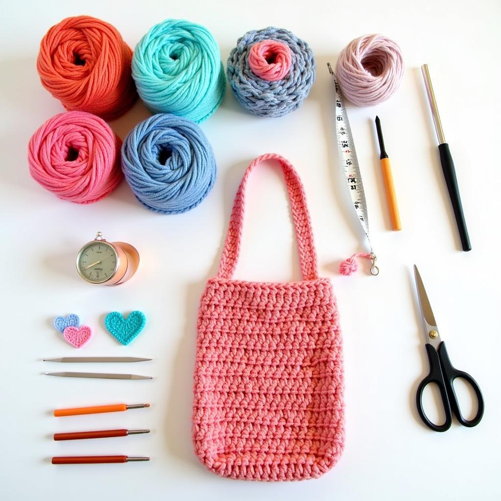 Materials needed for crocheting a purse.