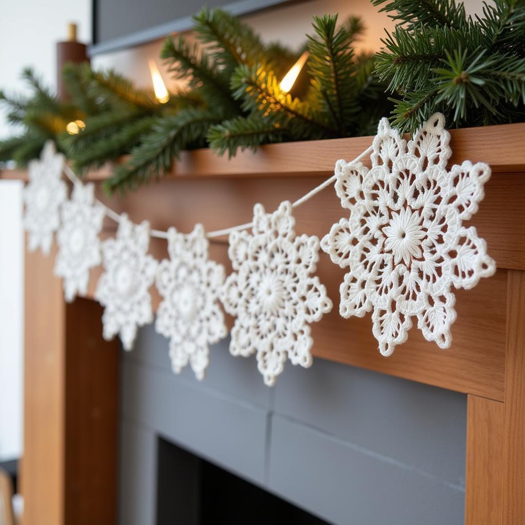 A handmade garland made of crocheted snowflakes.